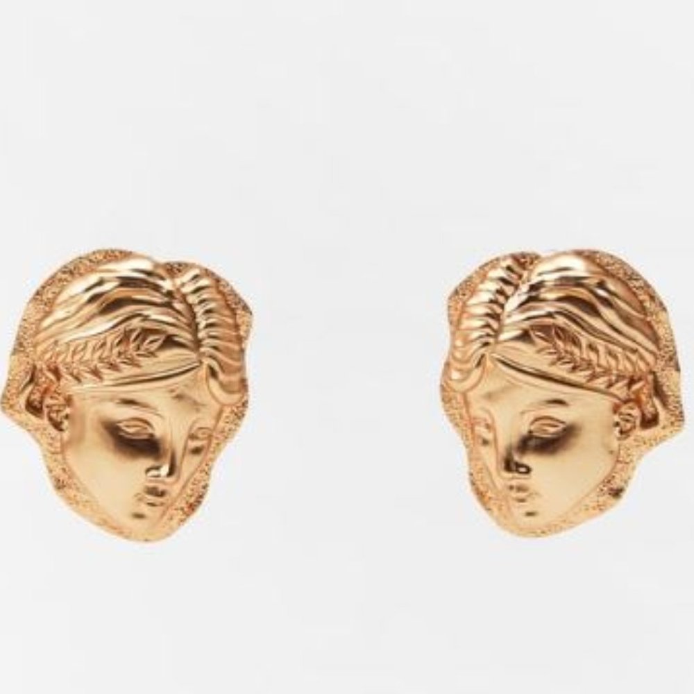 ZARA Matte Goldtone Oversized Greek Roman Faces Earrings 4736/183 NEW